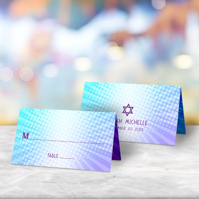 Cartão De Mesa Bat Mitzvah Ousado Boho Retro Gradiente Azul Roxo (Criador carregado)