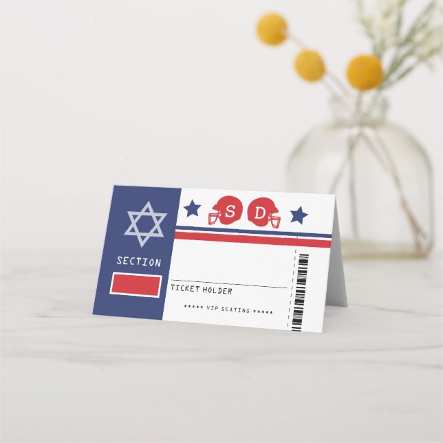 Cartão De Mesa Bat Mitzvah Sentado com Bilhete Vermelho Azul (Frente)