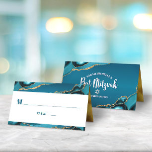 Cartão De Mesa Bat Mitzvah Turquesa Azul Ombre Ágata Dourada Mode