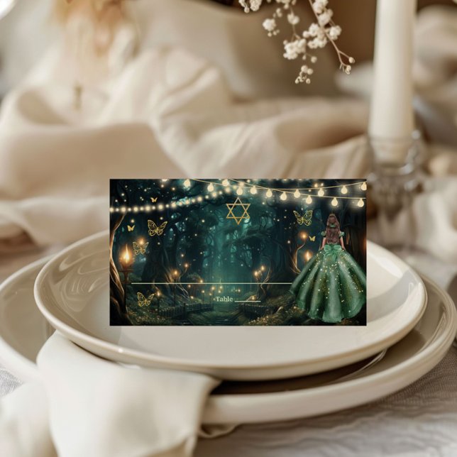 Cartão De Mesa Bat Mitzvah, um vestido verde da Floresta Encantad (enchanted forest emerald green dress starry night fairy lights bat mitzvah tent folded place cards )
