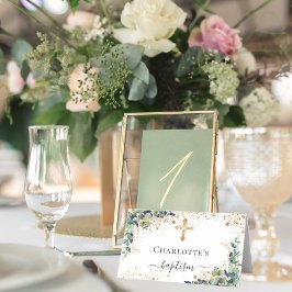 Cartão De Mesa Batismo eucalipto pó dourado