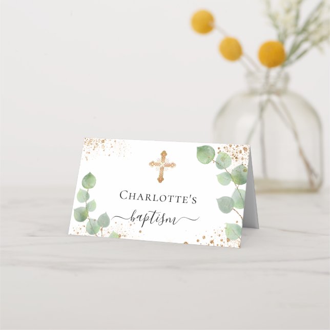 Cartão De Mesa Batismo eucalipto pó dourado (Verso)