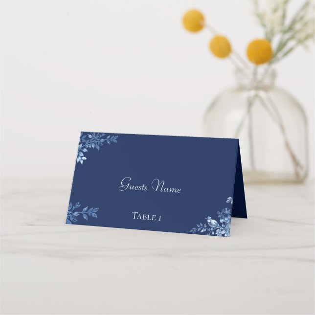 Cartão De Mesa Blue and White Floral Wedding Place Cards (Frente)