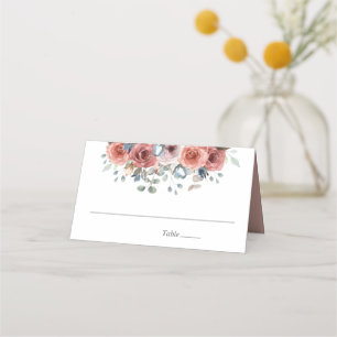 Cartão De Mesa Blush e Dusty Blue Floral Feliz, Casamento