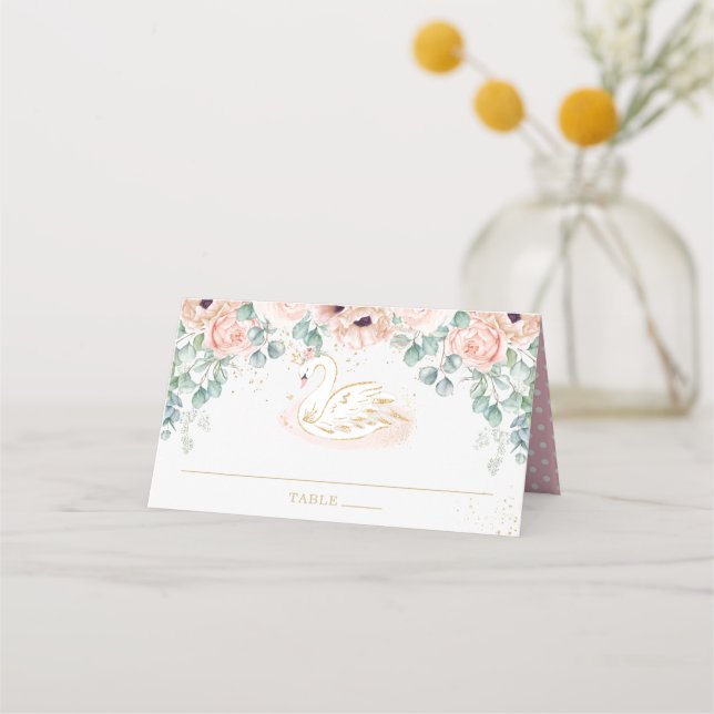 Cartão De Mesa Blush Floral Swan Princesa Chá de fraldas Aniversá (Frente)