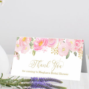 Cartão De Mesa Blush Rosa e Caligrafia Dourada Floral Agradecimen