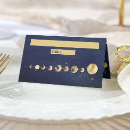 Cartão De Mesa Bodas das Fases da Lua Crescente Dourada Azul Cele