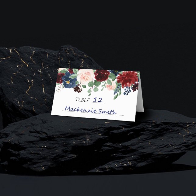 Cartão De Mesa Boho Bloom | Borgonha Vermelha e Marinho Russo (Criador carregado)