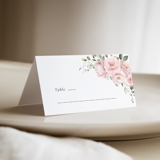Cartão De Mesa Boho Blush Pink Rose Floral Wedding Place Card (Blush pink rose floral tent wedding place card with soft watercolor flowers and minimalist layout)