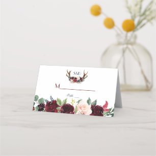 Cartão De Mesa Boho Merlot Azul Marinho Floral Galhadas Número da