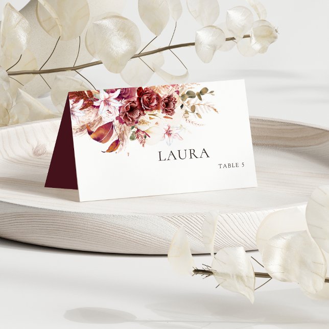 Cartão De Mesa Boho Wedding Place Card – Burgundy & Blush (Criador carregado)