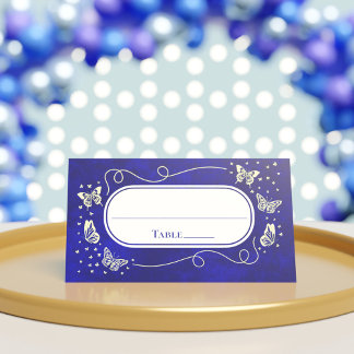 Cartão De Mesa Borboleta Real Azul Dourada Quinceañera, 15 Anos