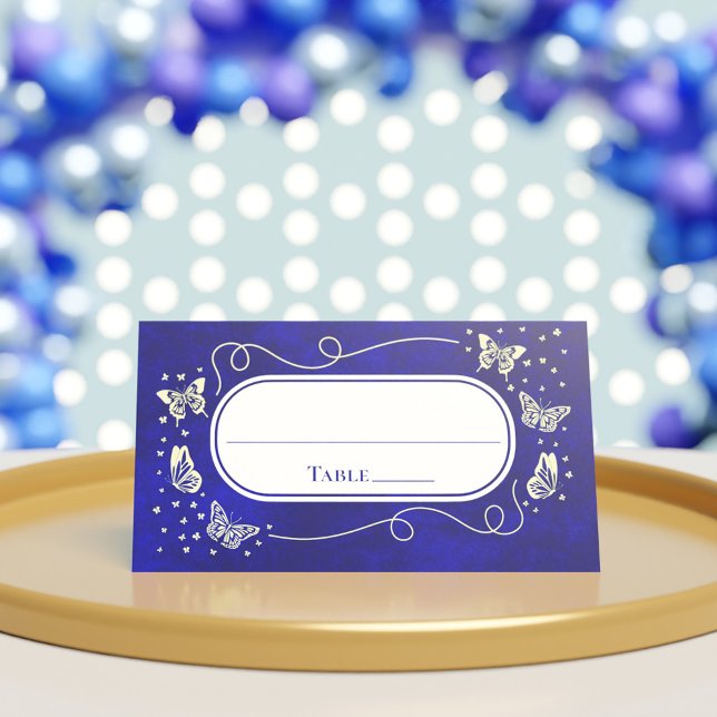 Cartão De Mesa Borboleta Real Azul Dourada Quinceañera, 15 Anos (Royal Blue Gold 15 Years Old Quinceañera Butterfly Place Card)