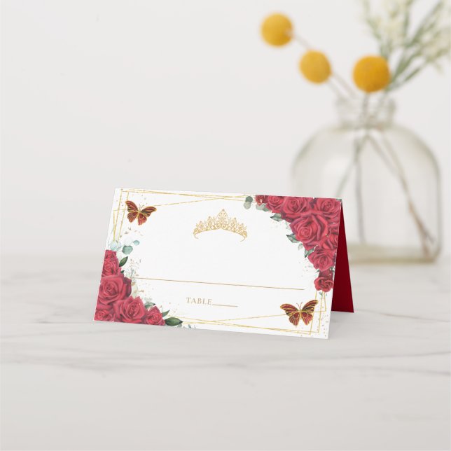 Cartão De Mesa Borboleta rosa vermelha Quinceañera Sweet 16 Anive (Frente)