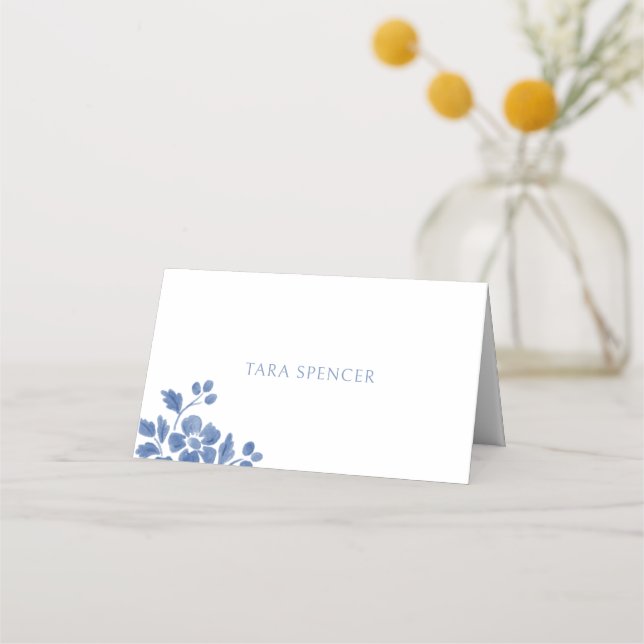 Cartão De Mesa Branco e Azul | Floral Wedding (Frente)