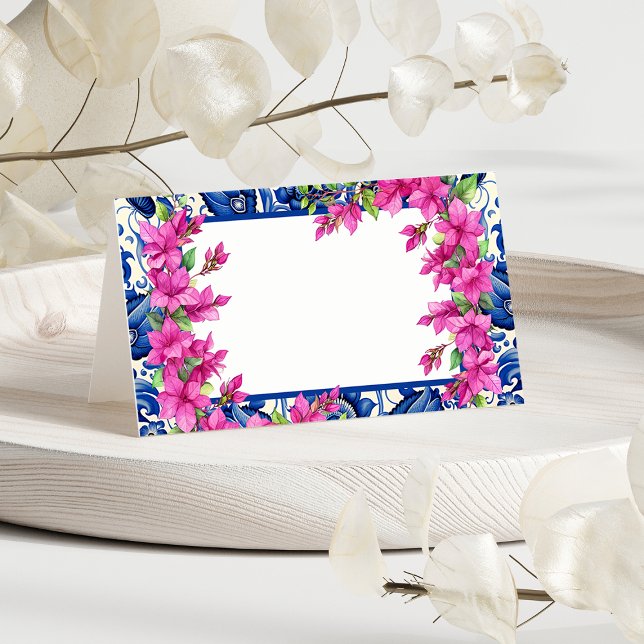 Cartão De Mesa Buganvília Rosa Azulejo Azul (Pink Bougainvillea Blue Tile Place Card)