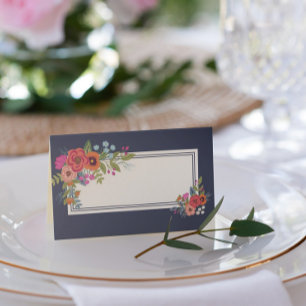 Cartão De Mesa Buquê Boêmia - Azul Marinho - Data de Casamento