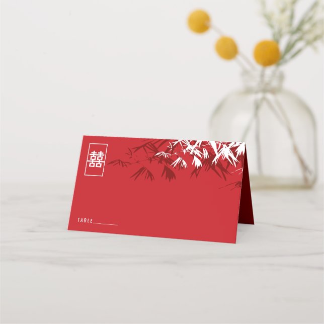 Cartão De Mesa Burgundy Bamboo Sai Dupla Casamento Xi Chinês (Frente)