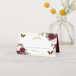 Cartão De Mesa Burgundy Blush Floral Quinceañera Aniversário de 1