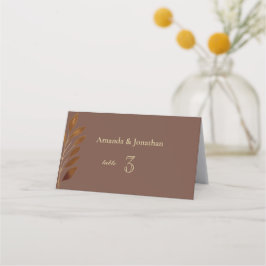 Cartão De Mesa Café Castanho e Dourado Casamento com Folha