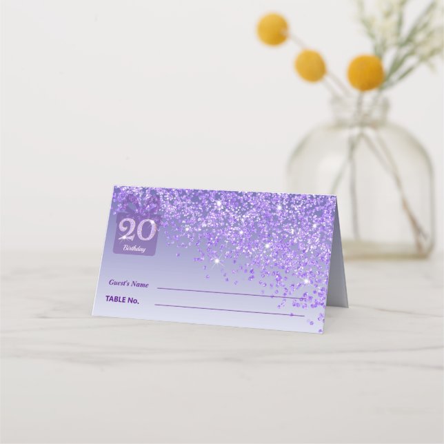 Cartão De Mesa Caixa de Presente Brilho Roxo de Aniversário de 20 (Frente)