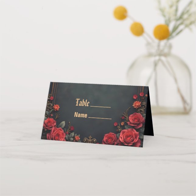 Cartão De Mesa Carruagem Gótica com Ravens e Rosas (Frente)