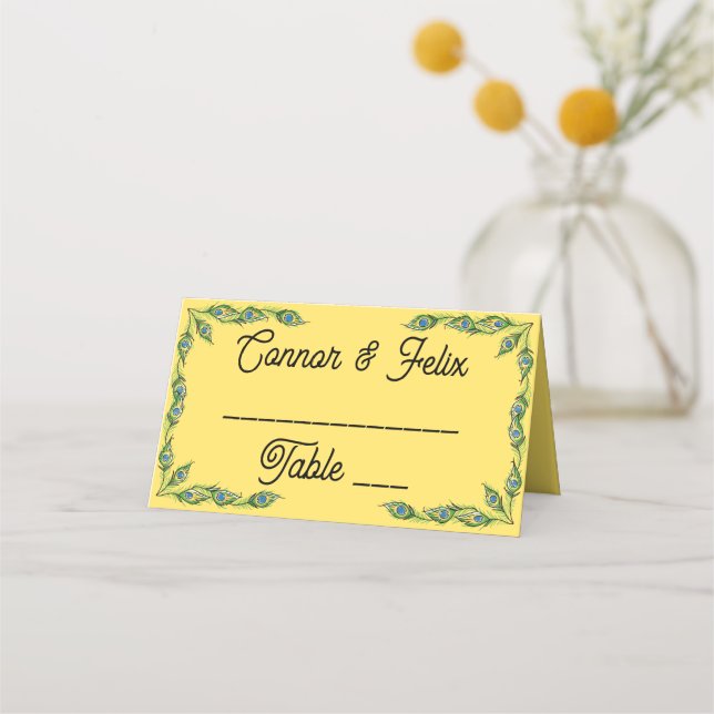 Cartão De Mesa Casamento Amarelo de Penas de Peacock (Frente)