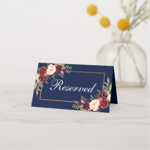 Cartão De Mesa Casamento Azul Floral Burgundy Reservado