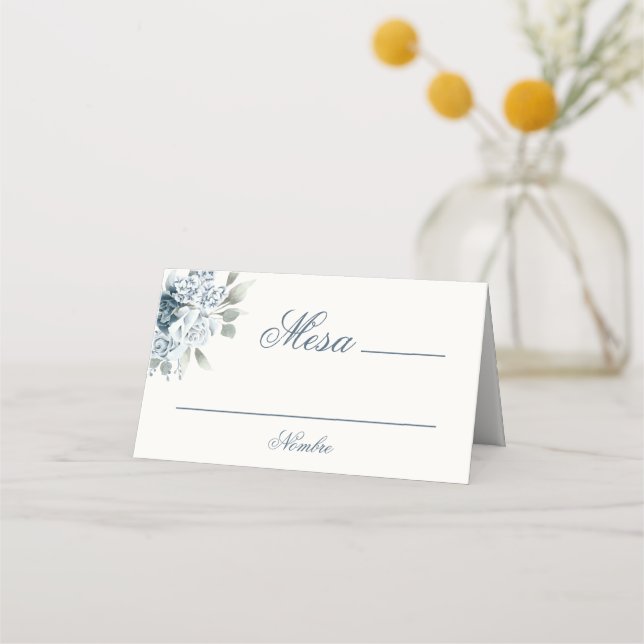 Cartão De Mesa Casamento Azul Floral Espanhol (Frente)
