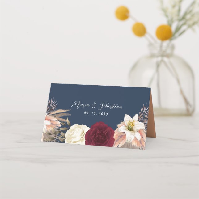 Cartão De Mesa Casamento Azul Marinho Borgonha (Verso)