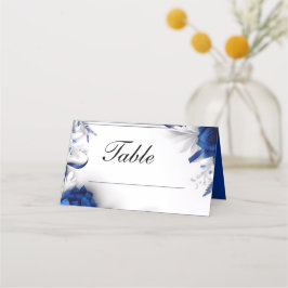 Cartão De Mesa Casamento Azul Marinho & Flores de Prata Fitas