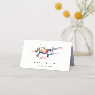 Cartão De Mesa Casamento Blue Orange Blush Airplane Watercolor
