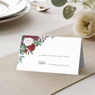Cartão De Mesa Casamento Boho com Flores Vermelhas Borgonha
