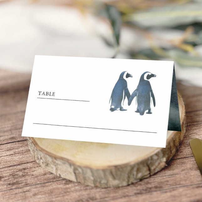 Cartão De Mesa Casamento Bonito de Pinguim Casal Romântico (Criador carregado)