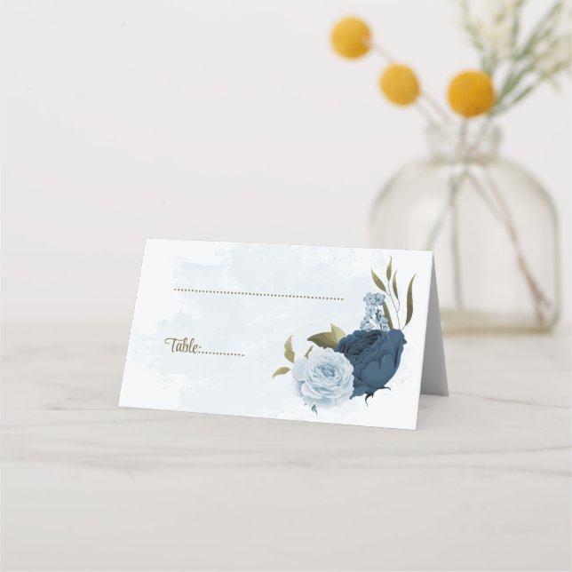 Cartão De Mesa casamento botânico com flores azuis-claras marinho (Frente)