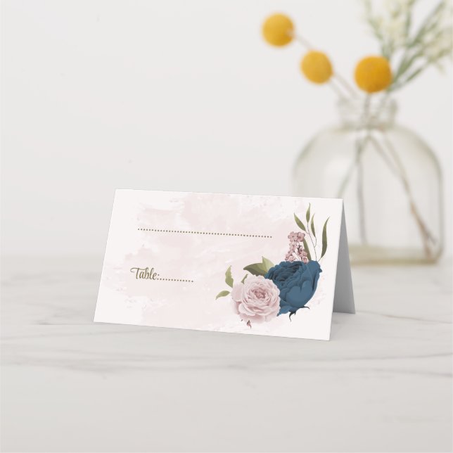 Cartão De Mesa Casamento botânico com flores rosadas e marinhos (Frente)