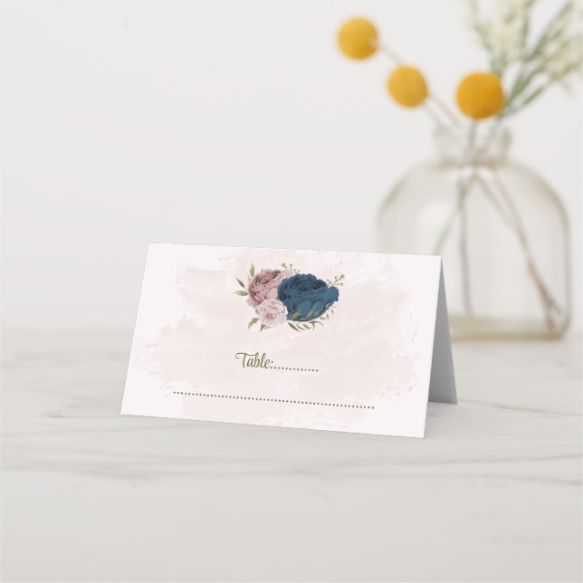 Cartão De Mesa Casamento botânico com flores rosadas e marinhos (Frente)