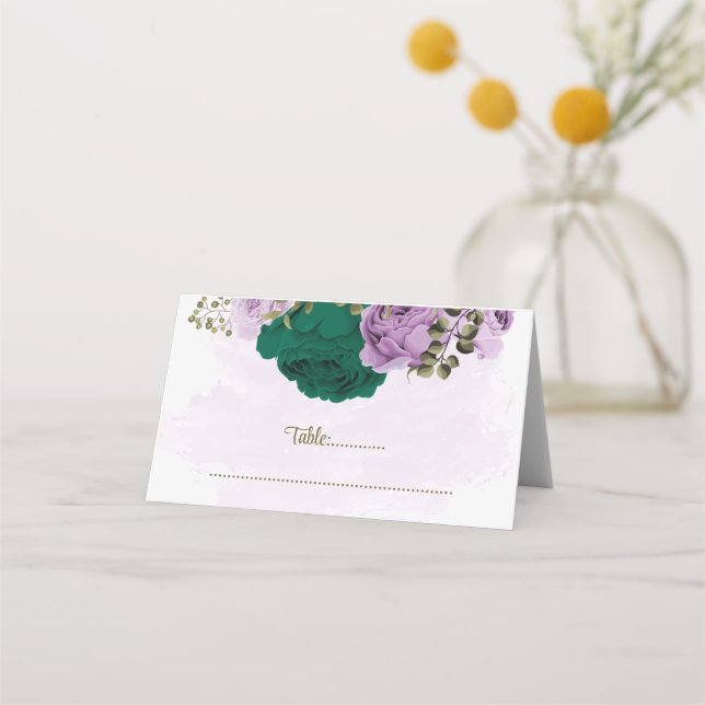 Cartão De Mesa casamento botânico com flores roxas esmeraldas (Frente)