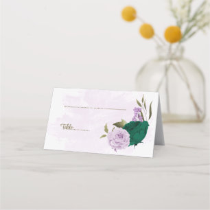 Cartão De Mesa casamento botânico com flores roxas esmeraldas