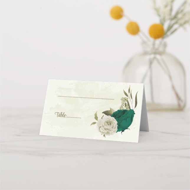 Cartão De Mesa casamento botânico com flores verdes esmeraldas (Frente)