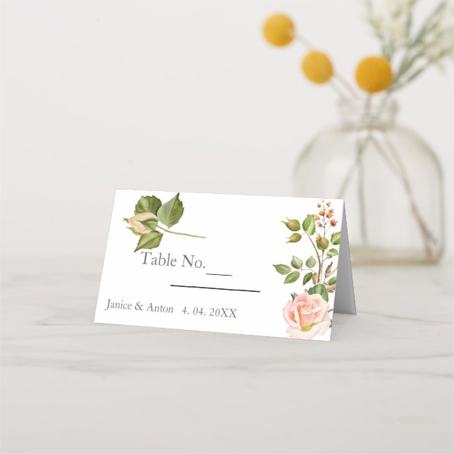 Cartão De Mesa Casamento Botânico Cor-de-Rosa Esbranquiçada (Frente)