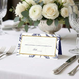 Cartão De Mesa Casamento Botânico Dourado Azul-Marinho Elegante