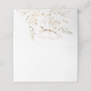 Cartão De Mesa Casamento Branco de Flores Selvagens Douradas Dese