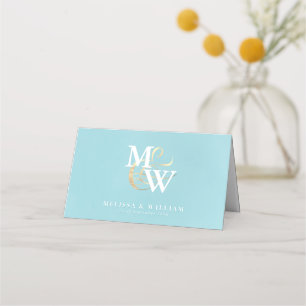 Cartão De Mesa Casamento Branco de Vidro Dourado do Mar Monograma