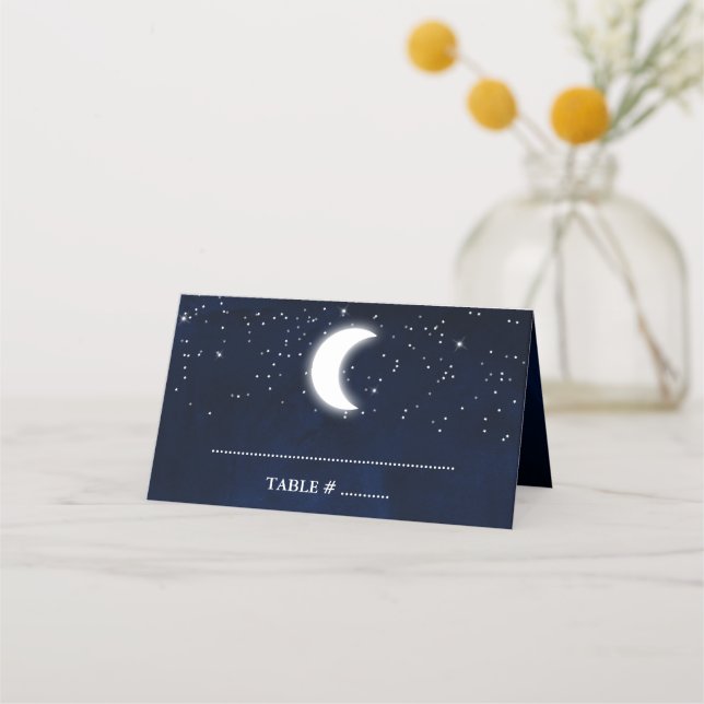 Cartão De Mesa Casamento Celestial Aquarela Azul Céu Azul Lua (Frente)