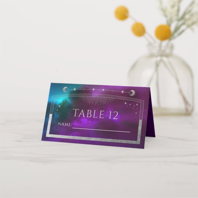 Cartão De Mesa Casamento Celestial Roxo de Prata do Teal Sun Moon (Frente)