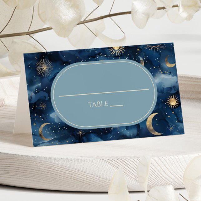 Cartão De Mesa Casamento Céu Estelar Elegante Dourado Azul (Criador carregado)
