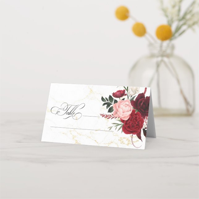 Cartão De Mesa Casamento Chic Floral Romântico da Aquarela Burgun (Frente)
