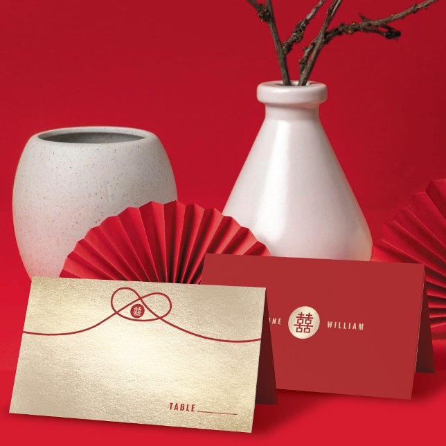 Cartão De Mesa Casamento Chinês de Dupla Felicidade do Red Knot U (Red/Gold Knot Union Double Happiness Modern Stylish Chinese Wedding Place Card @ fatfatin_red_knot)