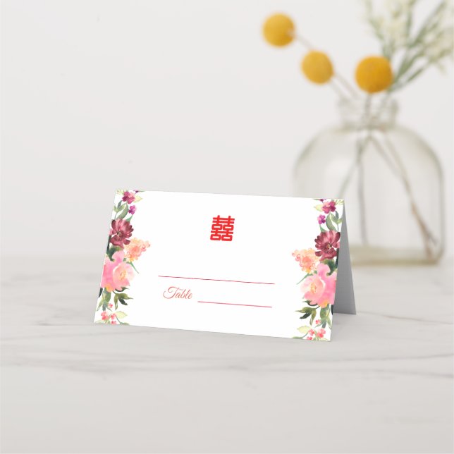 Cartão De Mesa Casamento chinês de flores aquarela moderna (Frente)